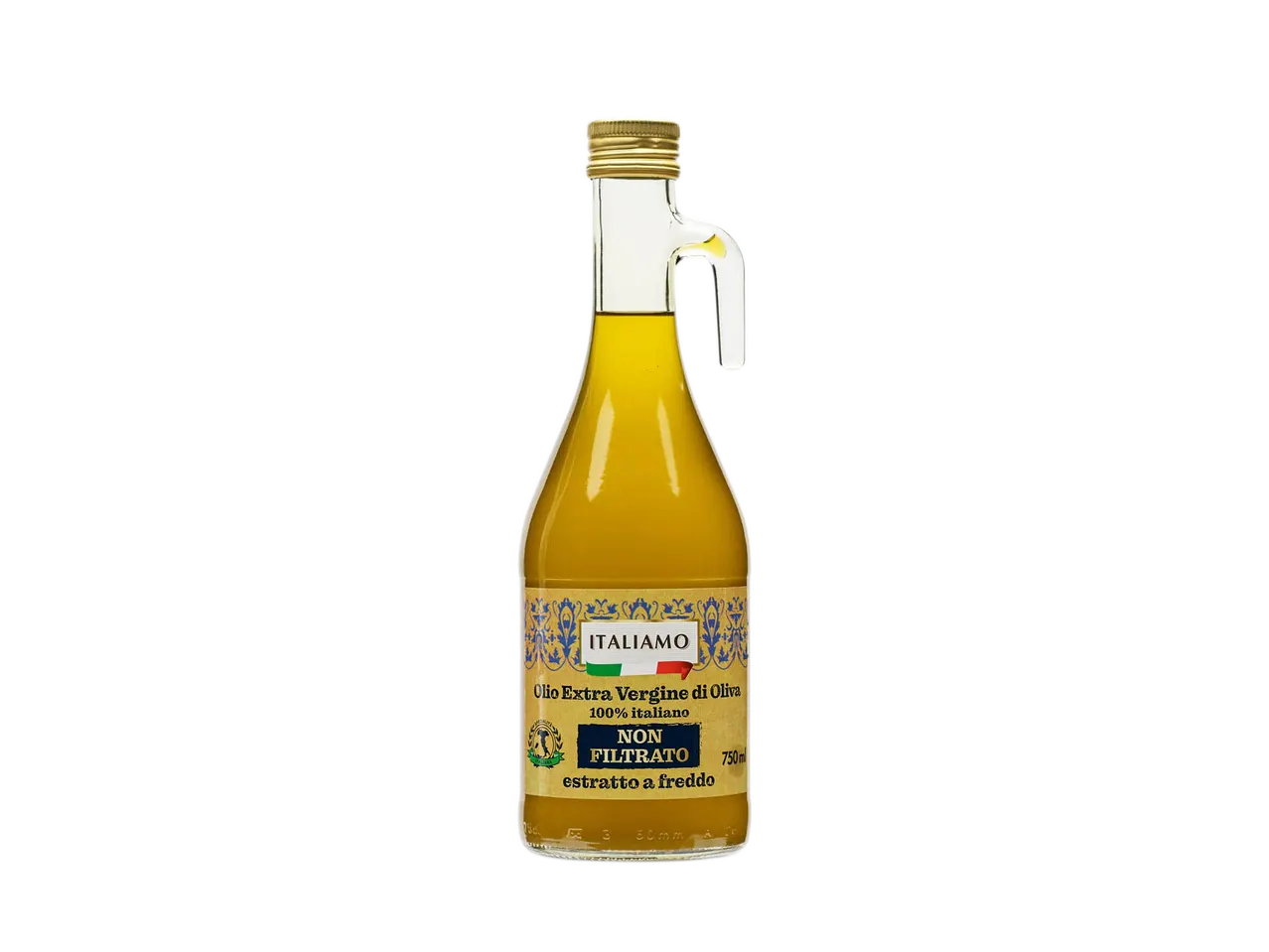Una bottiglia di olio extra vergine di oliva Italian, non filtrato, da 750 ml.