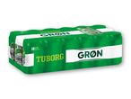 18 Tuborg Grøn Pilsner dåser i en grøn emballage.