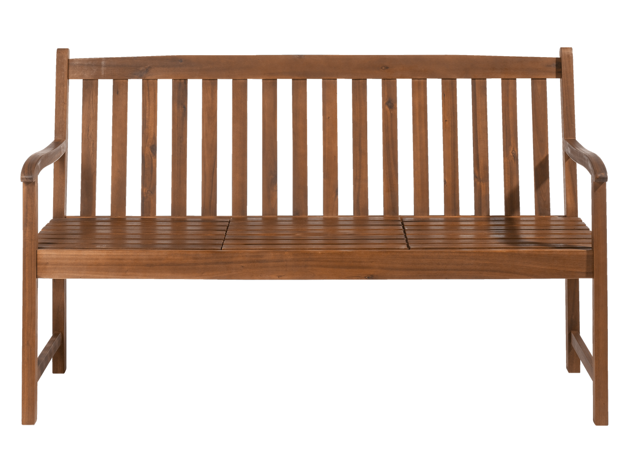 Bancă de grădină din lemn cu spătar și șezut cu șipci, într-un finisaj maro cald.