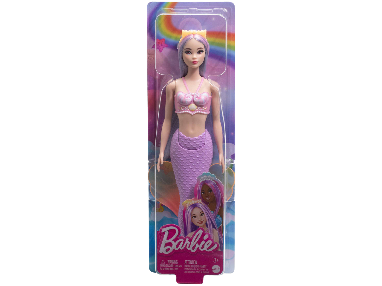 Mermaid doll with purple hair and tail, pink top, and a rainbow background.