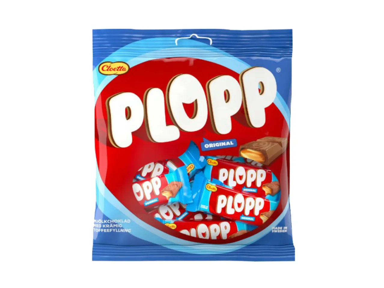 A bag of Cloetta Plopp milk chocolate with creamy toffee filling.