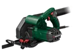 Fierăstrău circular de mână verde și negru cu accesorii, pe fundal negru