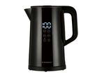 Black electric kettle with digital display showing temperature settings and controls.