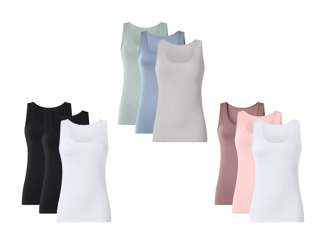 Seks ensfarvede tanktoppe i sort, hvid, lyseblå, lysegrøn, lyserød og brun.