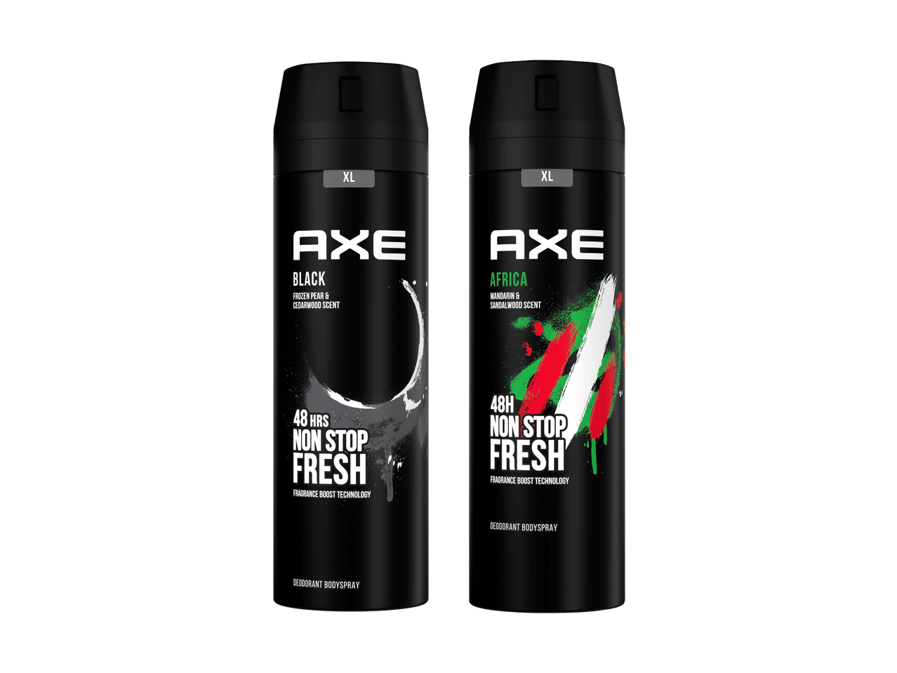 Zwei schwarze Axe Deodorant Bodysprays, 'Black' mit gefrorener Birne und Zedernholzduft, 'Africa' mit Mandarinen- und Sandelholzduft.
