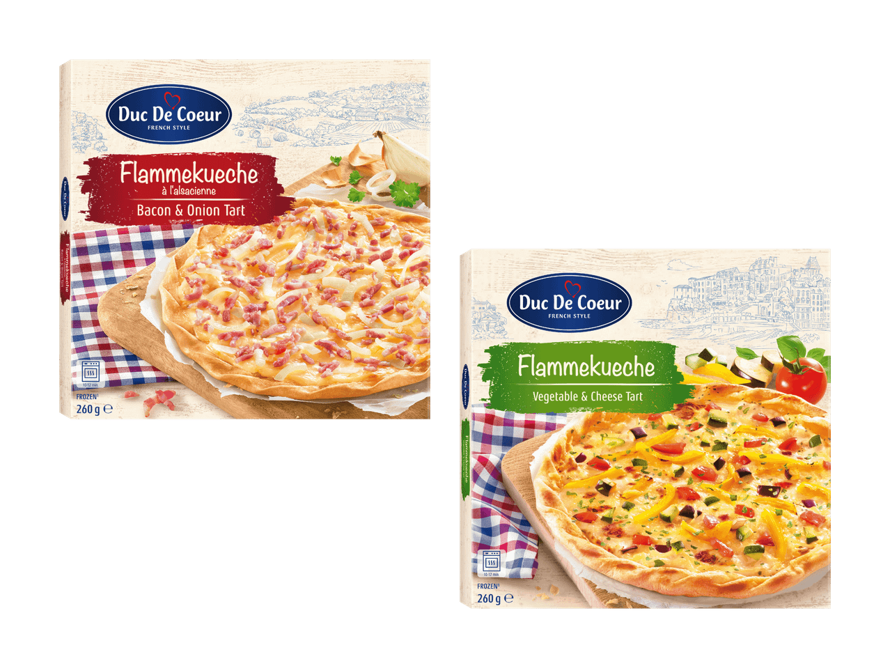 Zwei Packungen Flammkuchen, eine mit Speck und Zwiebeln, die andere mit Gemüse und Käse.