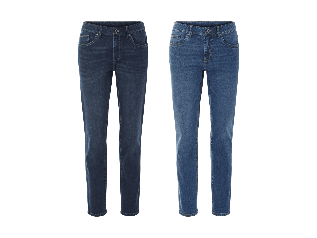 Zwei Paar Jeans in Dunkelblau und Mittelblau.