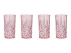 Four pink patterned drinking glasses with a diamond texture on the lower half.
