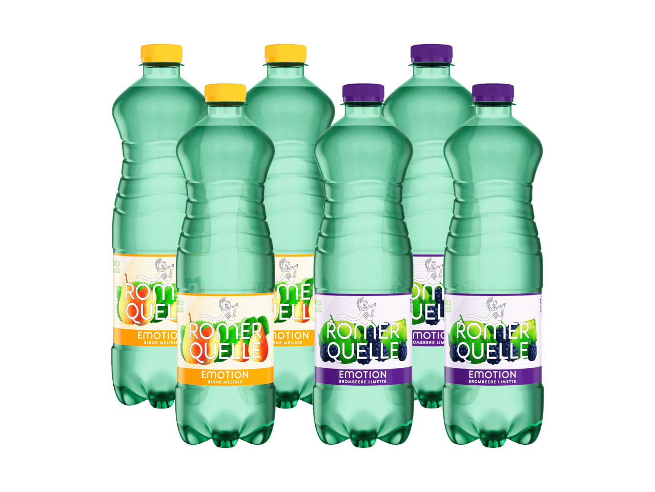 Sechs Flaschen Römerquelle Emotion in den Sorten Birne Melisse und Brombeere Limette.