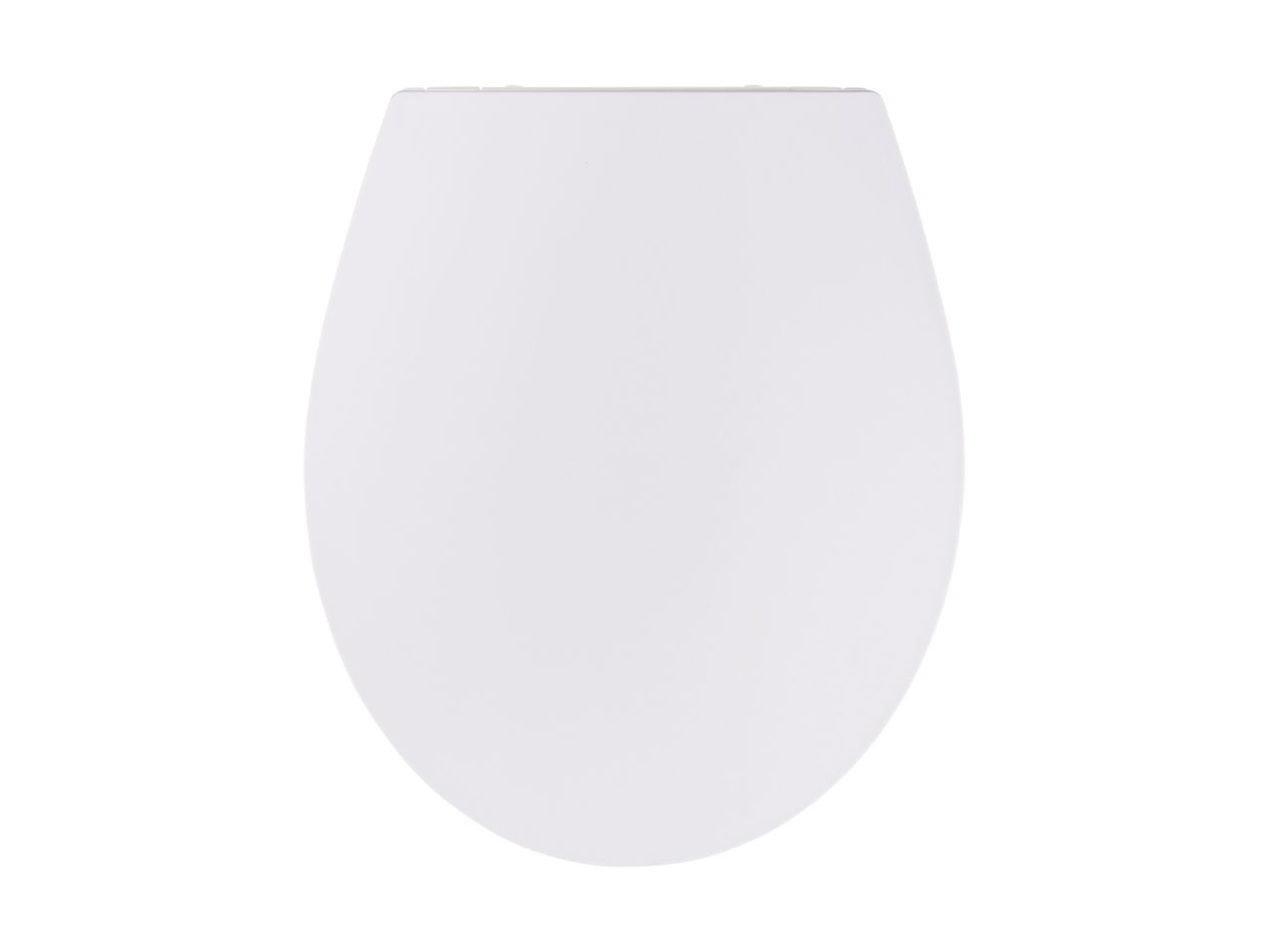 White toilet seat with a soft-close feature, viewed from above.