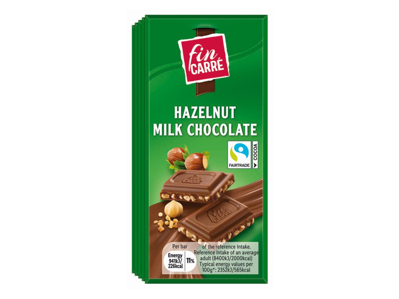 Fin Carré Hazelnut Milk Chocolate bar with Fairtrade cocoa and nutritional information.