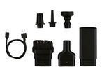 Black USB-C charging cable and various vacuum cleaner attachments on a white background.