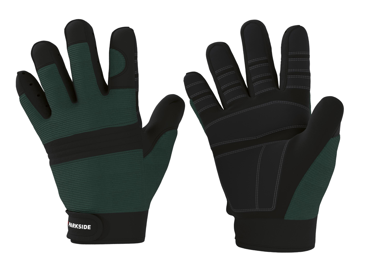 Két sötétzöld és fekete munkakesztyű, az egyik a tenyér, a másik a kézfej felől.