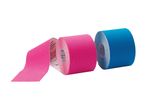 Two rolls of kinesiology tape, one pink and one blue, with product information visible on the pink roll.