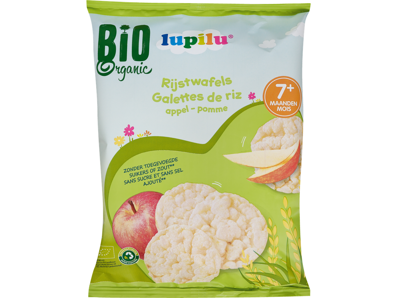Galettes de riz bio Lupilu à la pomme, adaptées aux bébés de 7 mois et plus.