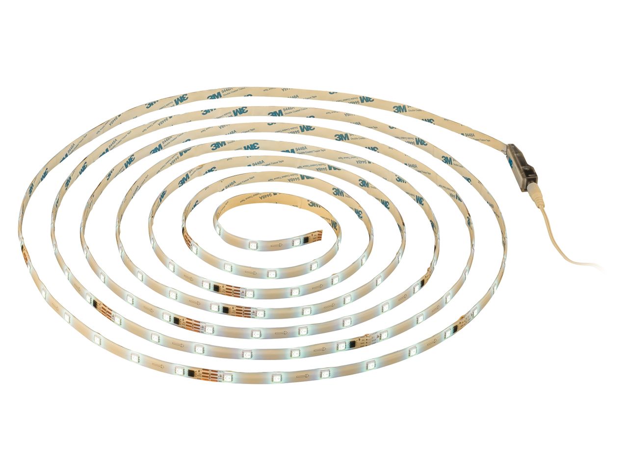 A coiled LED strip light with 3M double-sided adhesive tape on the back.
