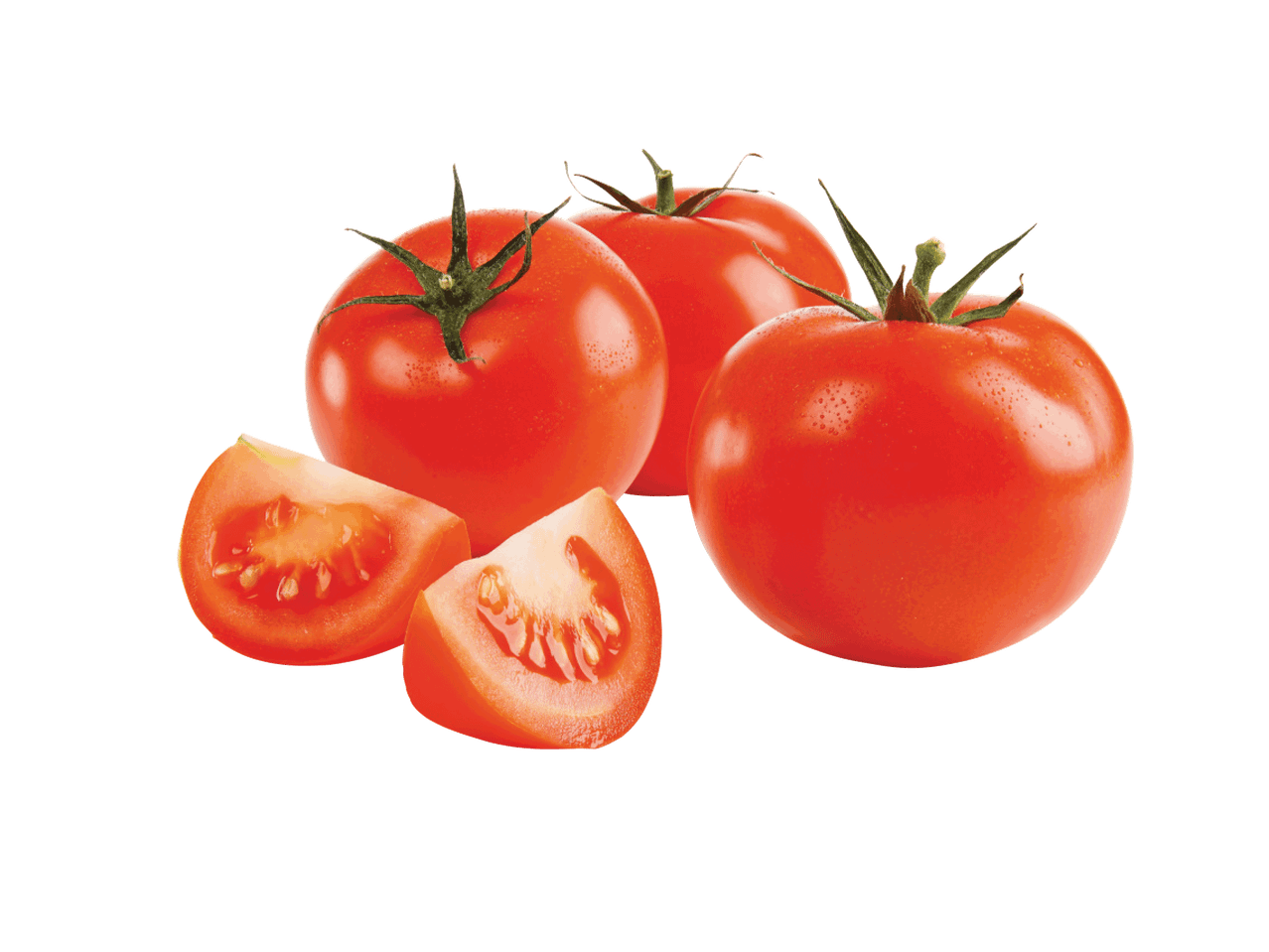 Švieži raudoni pomidorai ir jų griežinėliai.