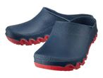 Pair of navy blue clogs with red soles