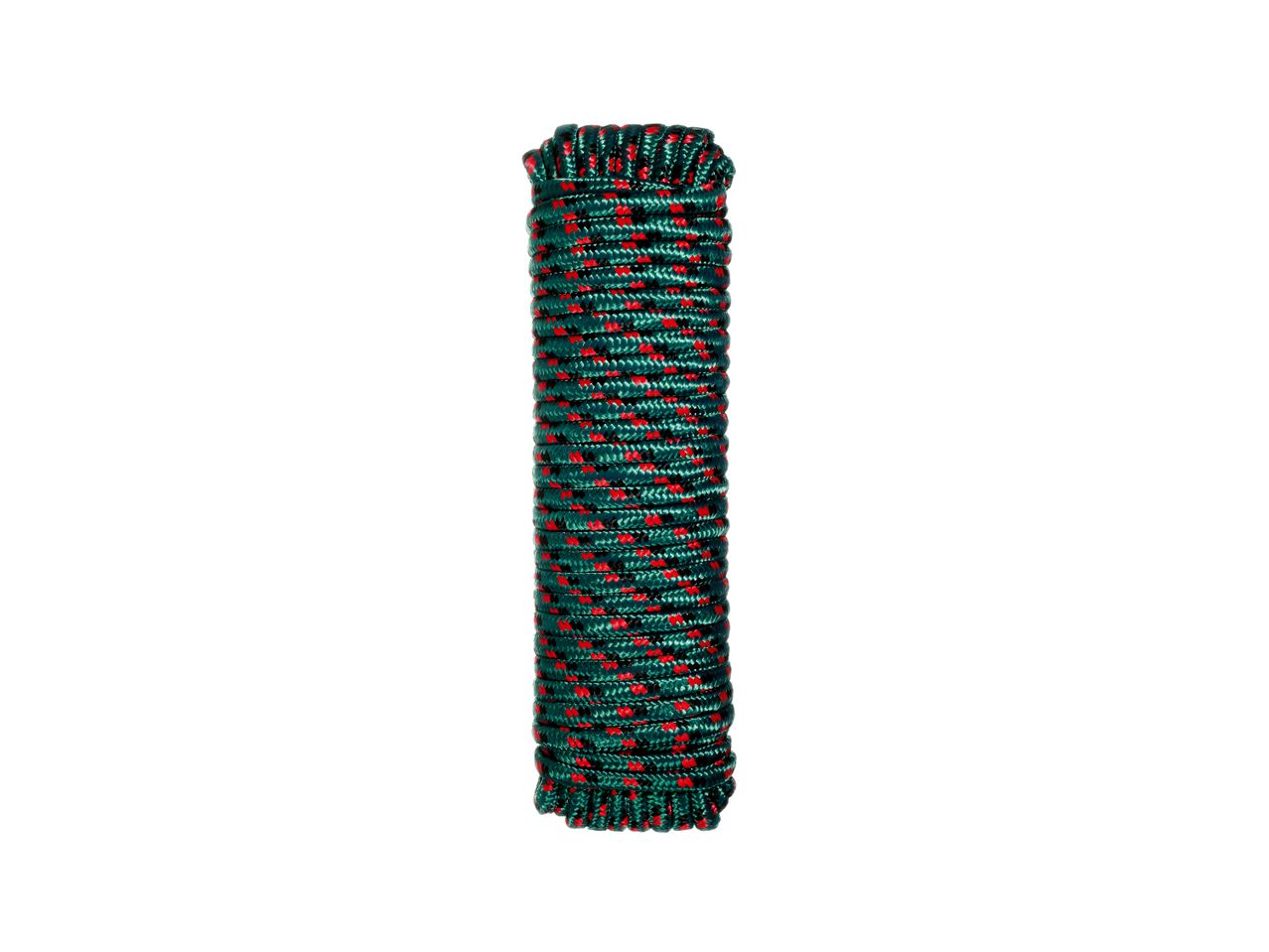 A coil of dark green rope with red accents is shown against a white background.