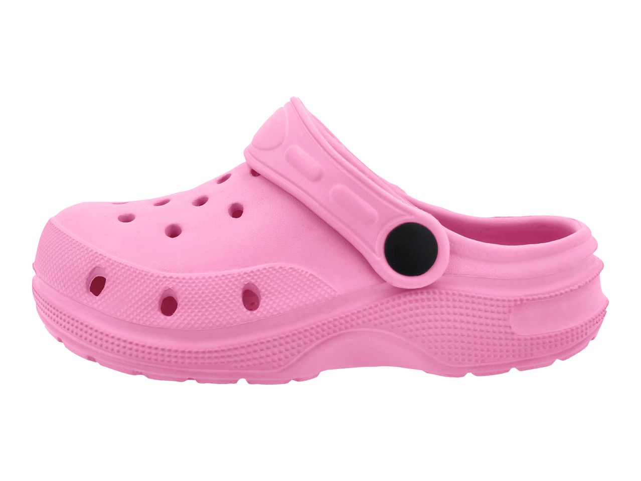 Pink children's garden clog with a black button on the strap.