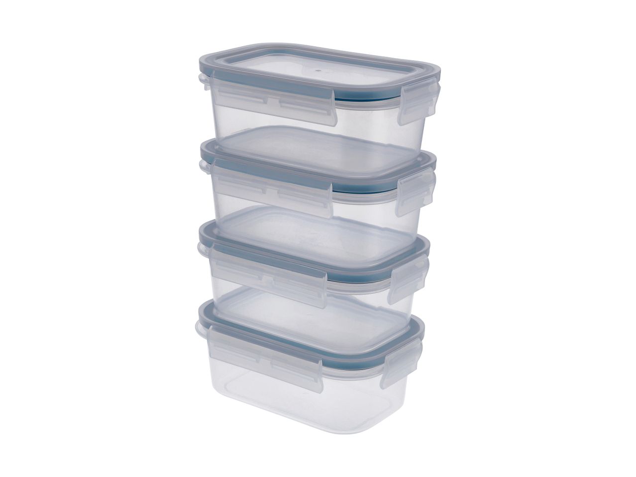 Stack of four rectangular clear plastic food storage containers with blue-grey lids and clasps