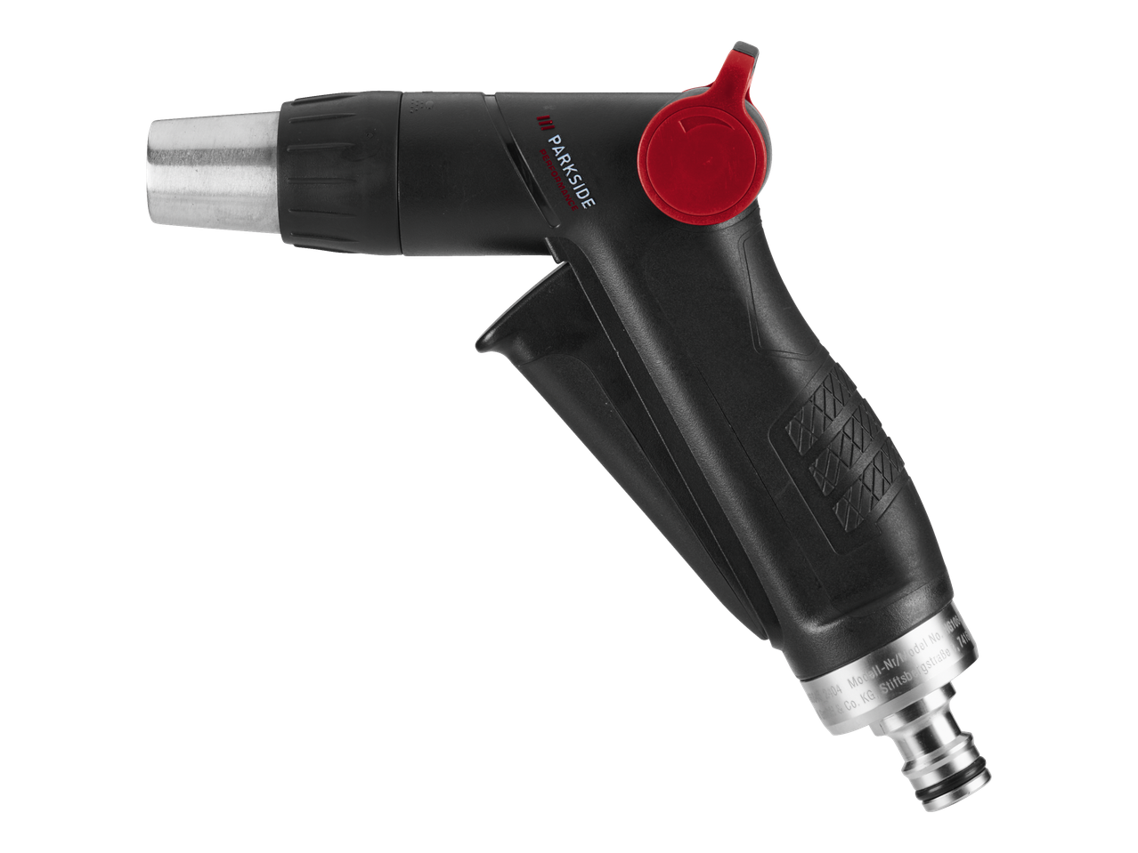 Pistola de pulverização multifunções Parkside Performance para jardim, preta com detalhes vermelhos.