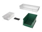 Three storage containers: two clear plastic, one green plastic, and a black divider.