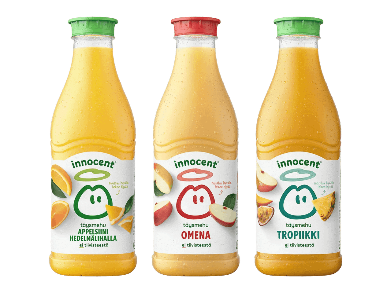 Kolme pulloa täysmehua: appelsiini, omena ja trooppinen, mustalla taustalla.