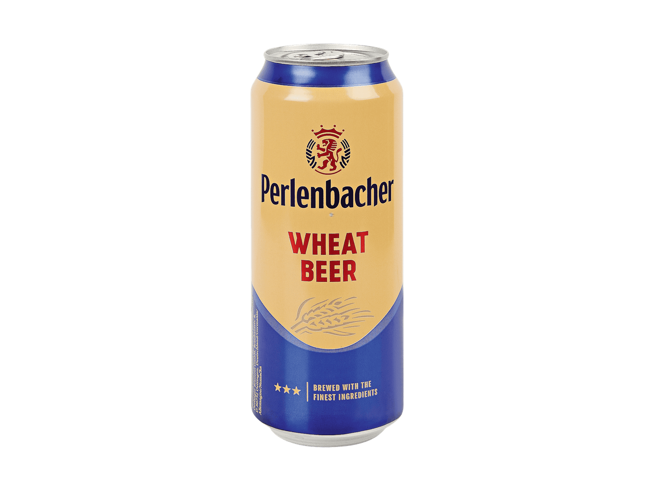 Perlenbacher Weizenbierdose mit beigem und blauem Etikett.