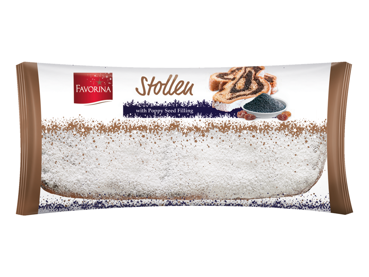 Favorina Stollen su aguonų sėklų įdaru, padengtas cukraus pudra.