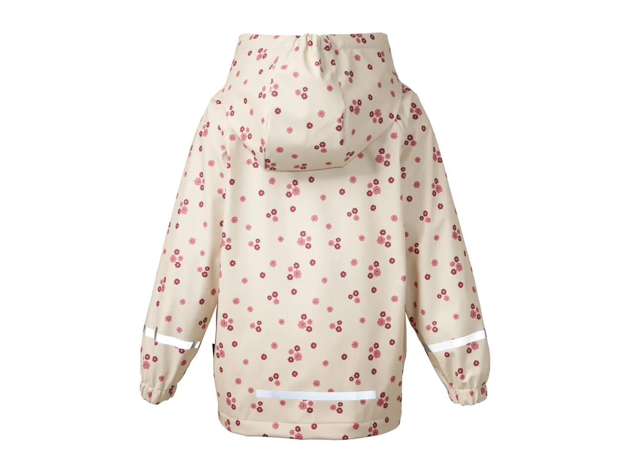 Back of a cream-colored children's rain jacket with pink floral print and reflective strips.