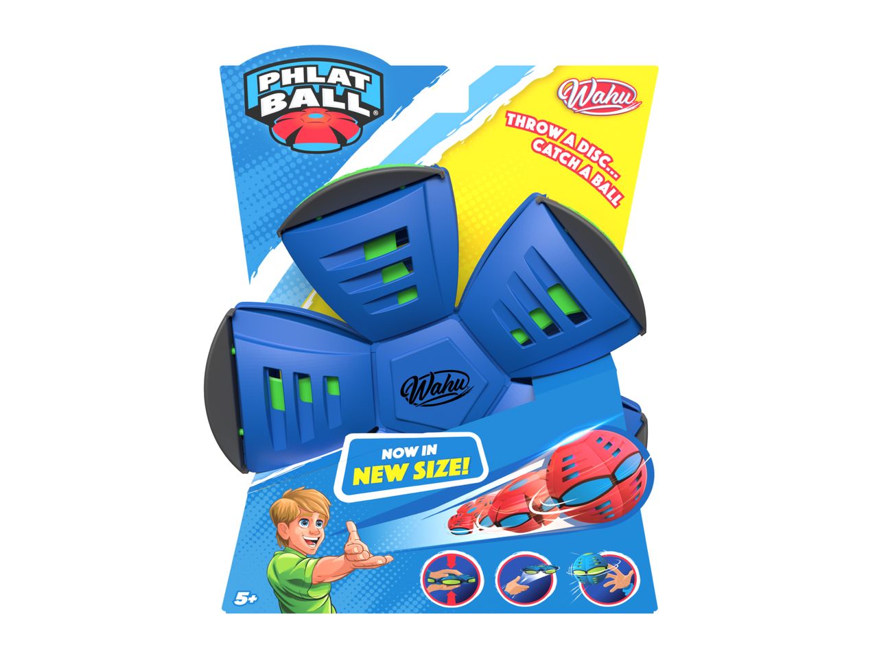 Blue and green toy that transforms from a disc to a ball, with packaging showing a child and instructions.