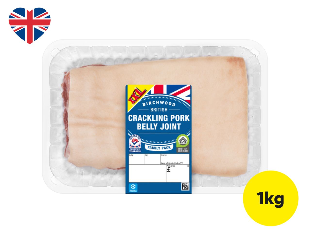 Birchwood British Crackling Pork Belly Joint, 1kg family pack, with a heart-shaped Union Jack logo.