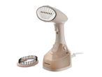 A beige handheld garment steamer with a transparent water tank and a brush attachment.