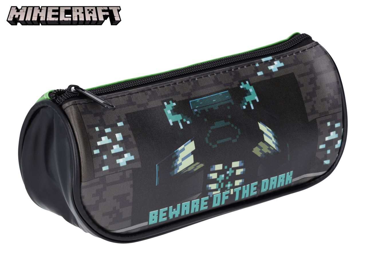 Black pencil case with pixelated Minecraft-style graphics and the text 'BEWARE OF THE DARK'.