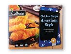 En pakke Culinea Chicken Strips American Style med majsflager og karrydip.