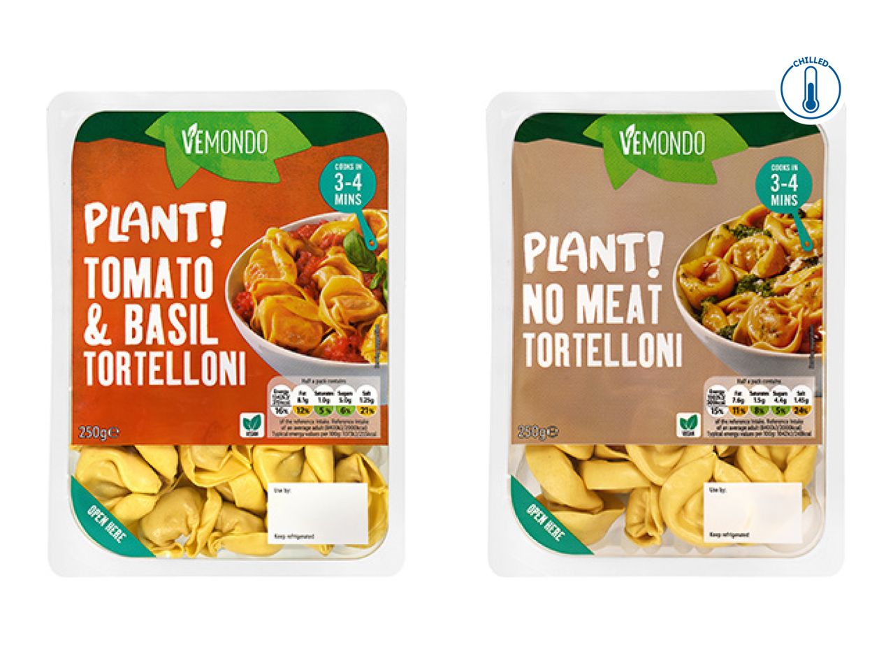 Two chilled plant-based tortelloni packs: Tomato & Basil and No Meat, both cook in 3-4 mins.
