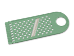 Ein grüner, handlicher Küchenreibe mit einem integrierten Schälmesser.