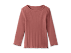 Geripptes Langarmshirt in Rostrot mit Rüschensaum.