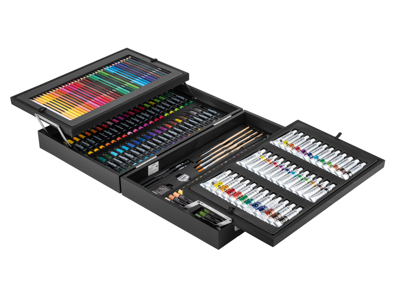 CRELANDO® meno rinkinys su spalvotais pieštukais, žymekliais, dažais ir priedais.