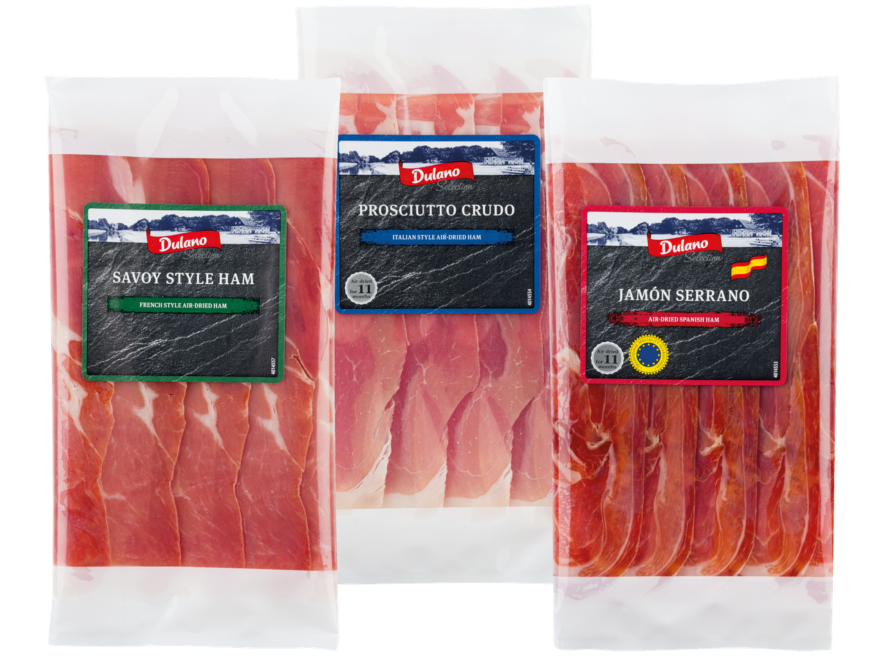 Dulano Selection erbjuder tre sorters lufttorkad skinka: Savoy, Prosciutto Crudo och Jamón Serrano.