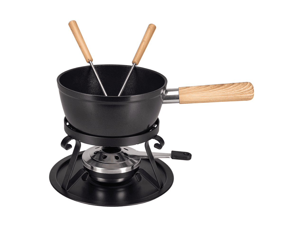 Schwarzes Fondue-Set mit Holzgriff und zwei Gabeln.
