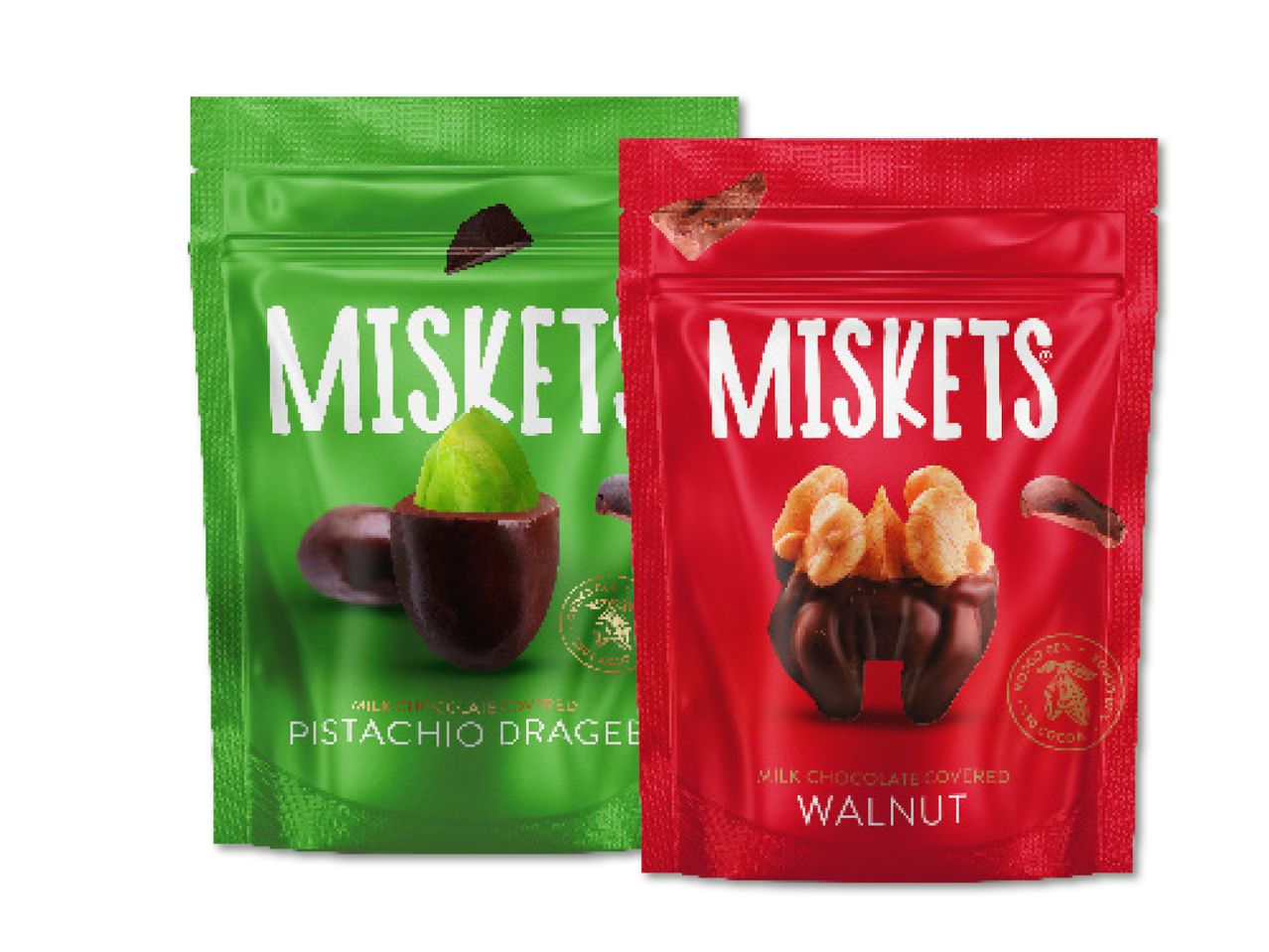 Kaks MiskeTs šokolaadikommi pakki, mandli ja pistaatsiaga.