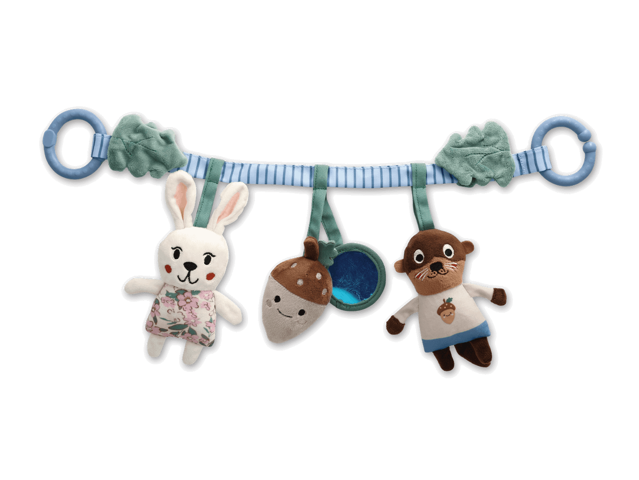 Ein Baby-Spielbogen mit niedlichen Stofftieren (Hase, Bär) und einem Eichhörnchen-Motiv.