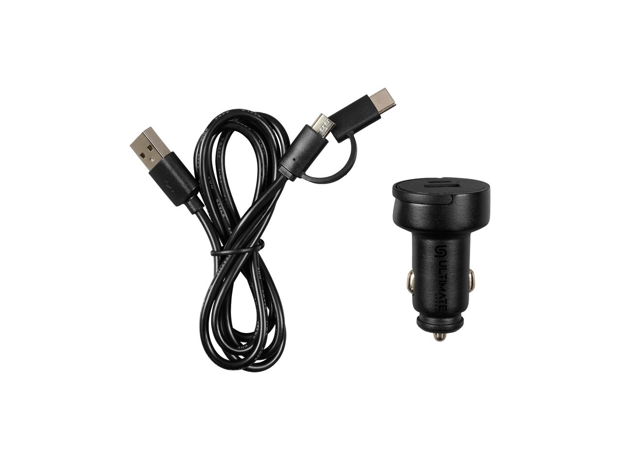 Зарядно устройство с два USB кабела за стойка за смартфон.