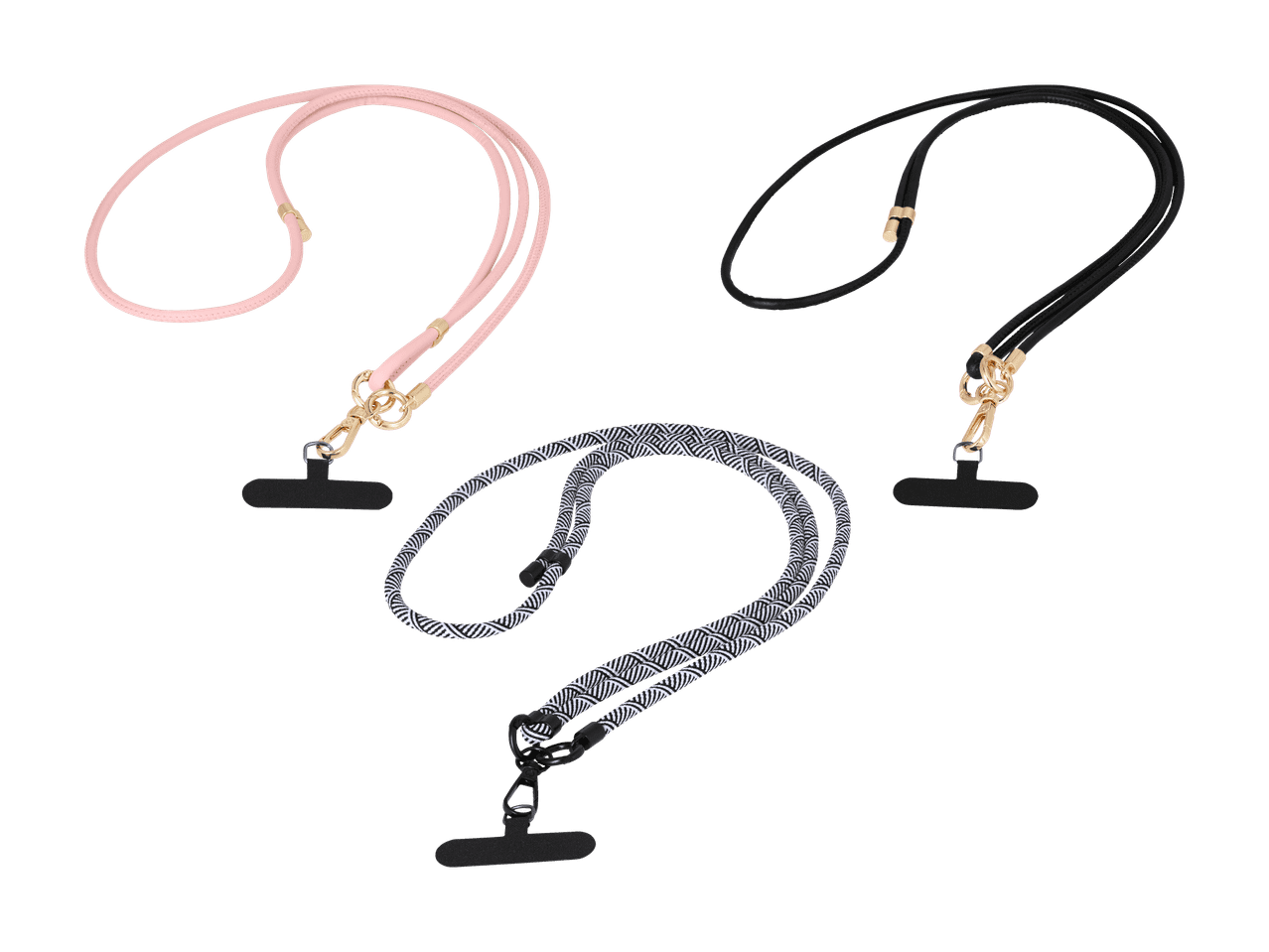 Trois cordons de téléphone portables : rose, noir et à motifs géométriques noir et blanc.