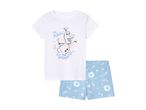 Women's short-sleeve pajama set with a light blue floral print shorts and a white top.