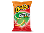 Zak met Cheetos Nibbl-it Sticks in oranje en rood met groene cirkel en snacks.