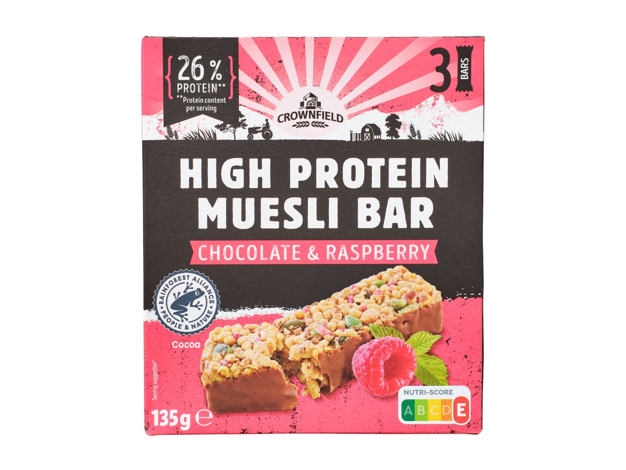 Crownfield proteīna musli batoniņu iepakojums ar šokolādes un aveņu garšu.