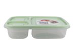 Light green and clear plastic food container with three compartments and a label showing food.